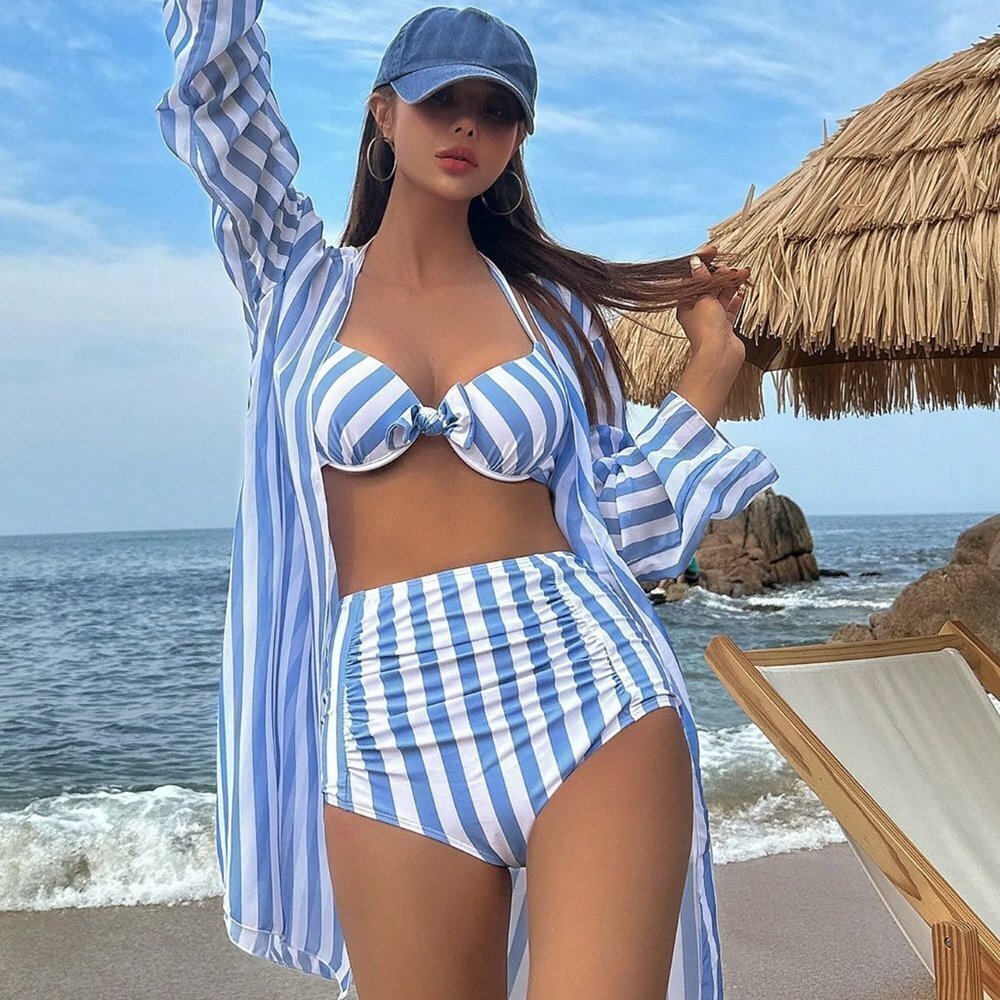Blue Casual Womens Striped High Waisted Bikini Swimsuit With Kimono - Picture 4 of 5